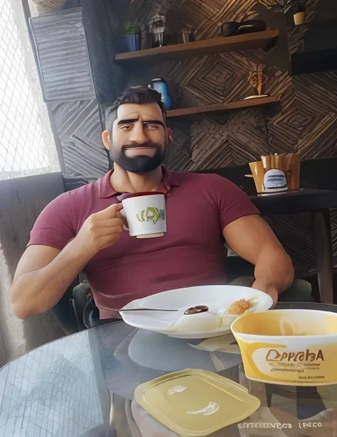 there is a man sitting at a table with a cup of coffee, imagem vazada, cerca de 3 5 anos, enjoying coffee at a coffee shop, delicioso, com uma caneca branca, imagem de perfil, homem bonito, #Oc, # Oc, drinking a coffee, foto de perfil, Fotografia tirada em...