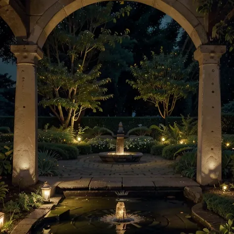 Um jardim encantador durante a noite, onde a lua derrama sua luz suave sobre cada elemento, criando uma atmosfera aconchegante e serena. Small fairy lights are delicately distributed among the foliage of trees and bushes., creating points of magical glow t...