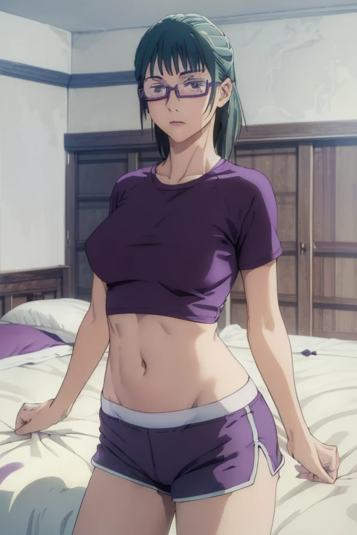 (Masterpiece, Photorealistic, high resolution), ((1girll):1.2), (Masterpiece, high resolution), ((1girll):1.2),  a teenage girl (Loose Purple shirt, White fitness dolphin short, medium boobs, (gorgeous hip beautiful ):1.2, thighs), on top of the bed, lie o...