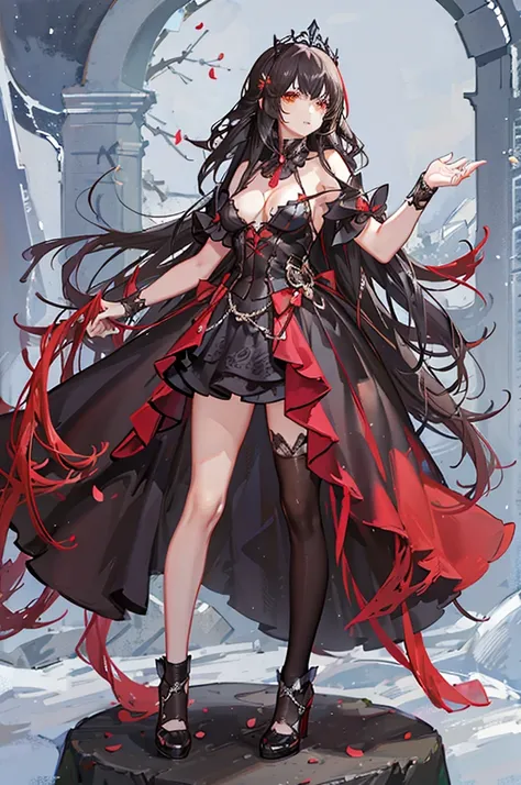 Rias Gremory. Pelo rojo. cabello largo y rizado. gargantilla. small breasts. caderas gigantescas. loli. arco. vestido de novia de flores. Botas hasta el muslo