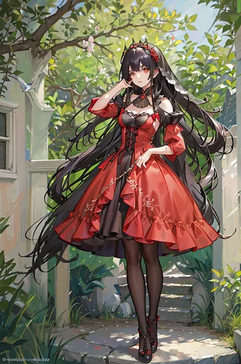 Rias Gremory. Pelo rojo. cabello largo y rizado. gargantilla. small breasts. caderas gigantescas. loli. arco. vestido de novia de flores. Botas hasta el muslo