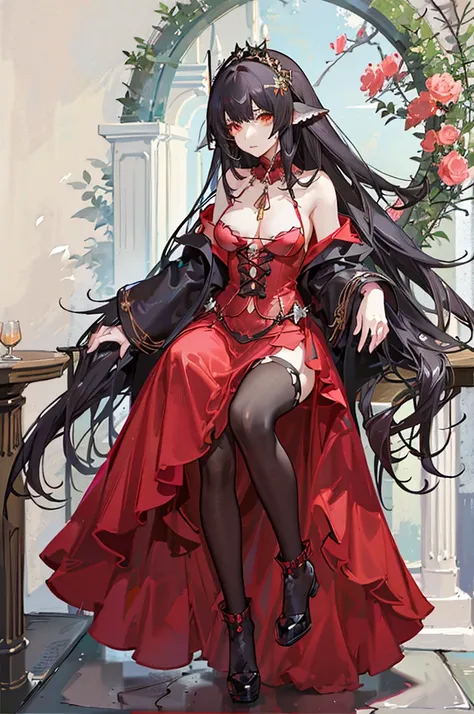 Rias Gremory. Pelo rojo. cabello largo y rizado. gargantilla. small breasts. caderas gigantescas. loli. arco. vestido de novia de flores. Botas hasta el muslo