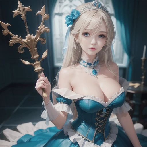 [blue:Aqua:0.65] theme, master piece, a girls master piece, detailed visual art, blue eyes, light blonde hair, long hair, collar bone, royal princess, elegant, beautiful quinceanera corset, corset piercing, layered skirt detailed, [ruffles detailed: 0.1], ...