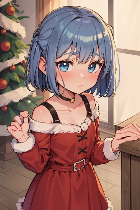 Christmas loli, infront of christmas tree, santa outfit, blue hair,, short hair, short hair