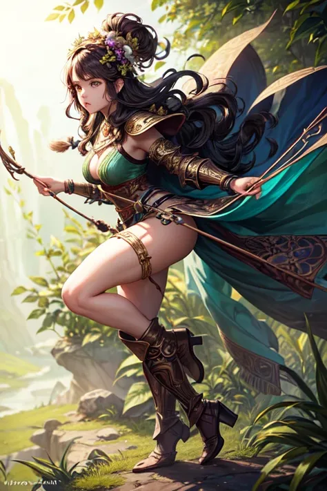 (a high-resolution, realistic) (((Light skinned))) (((white girl))), druid in the style of Dungeons and Dragons, holding a bow, with the bow drawn and taking aim at an orc. The girl is dressed in armor made entirely of leaves. Additional details: The girl ...