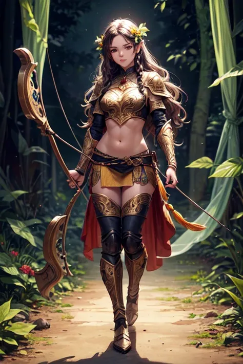 (a high-resolution, realistic) (((Light skinned))) (((white girl))), druid in the style of Dungeons and Dragons, holding a bow, with the bow drawn and taking aim at an orc. The girl is dressed in armor made entirely of leaves. Additional details: The girl ...