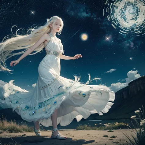 make an albino girl holding a peacock feather while running, wearing a long dress with peacock feathers, the albino girl with her long hair blowing in the wind and in the background is the starry night