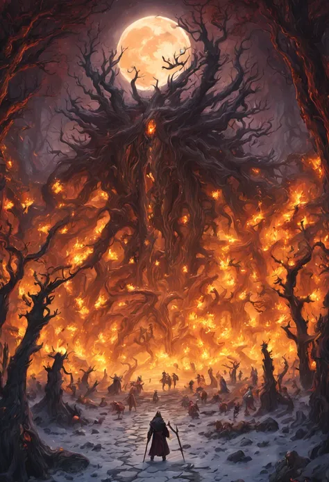 huge monster,woods,corpses,血,moon light,corpses hanging in cobwebs,kingdom,lock,fire,that's incredible,magic,people,torches,crea...