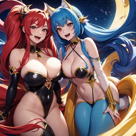 Anime image of a harem of monster women with tails and sharp teeth