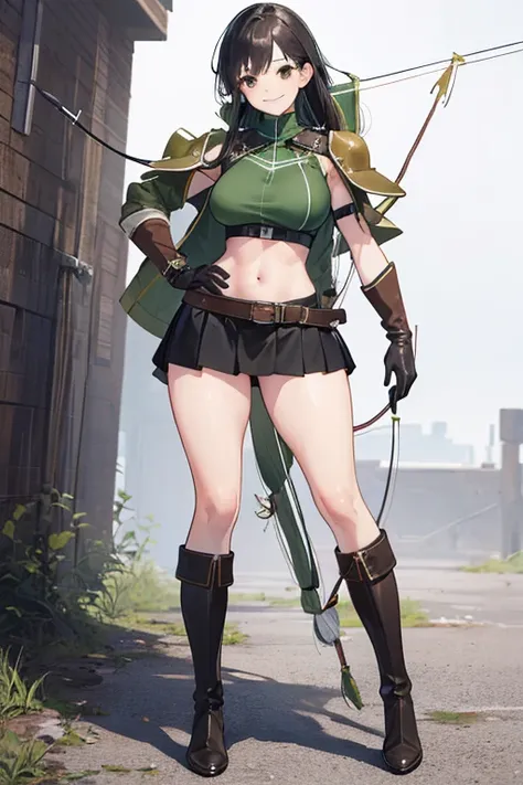 (a high-resolution, realistic), (((full body))), (((detailed black archer clothing))), metal shoulder pads, leather gloves, knee-high leather boots, exposed midriff, long hair , black hair, brown eyes, holding a battle bow, belt, smiling, (detailed face), ...