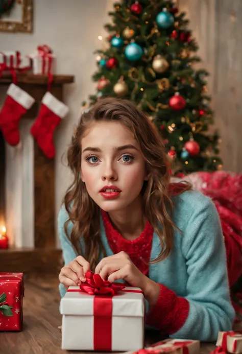 (best quality, 4k, 8k, high resolution, masterpiece: 1.2), ultra detailed, (realistic, photorealistic, photorealistic: 1.37), (girl opening a christmas gift:1.2), beautiful and detailed eyes, beautiful and detailed lips Extremely detailed eyes and face, lo...