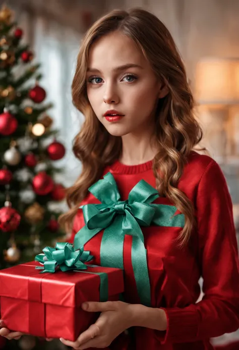 (best quality, 4k, 8k, high resolution, masterpiece: 1.2), ultra detailed, (realistic, photorealistic, photorealistic: 1.37), (girl opening a christmas gift:1.2), beautiful and detailed eyes, beautiful and detailed lips Extremely detailed eyes and face, lo...