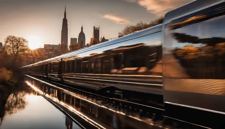 a reflective shot of the train’s sleek exterior, with the surrounding environment and cityscape reflected on its surface. The shot should symbolize the train as a beacon of progress and technological advancement