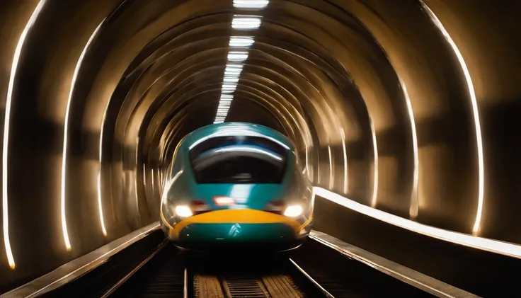 a creative shot of the train passing through a tunnel, with dramatic lighting and shadows emphasizing its speed and futuristic presence. The shot should evoke a sense of wonder and anticipation