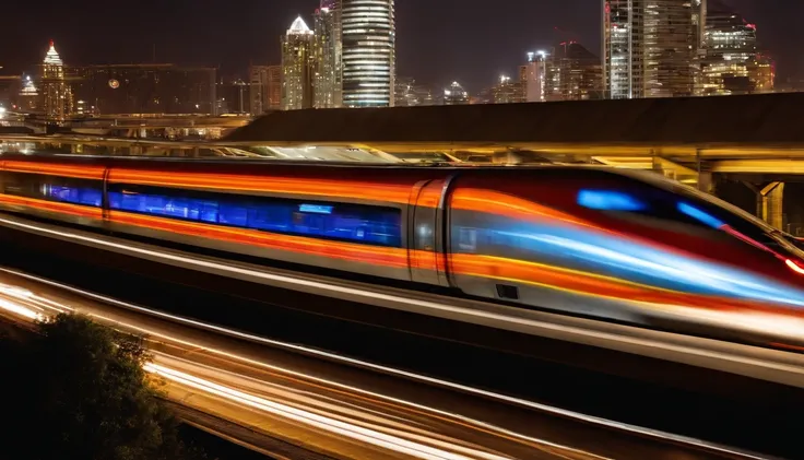 a long-exposure shot of the high-speed train moving through a city at night, with streaks of light trailing behind it. The shot should evoke a sense of excitement and dynamism, representing the future of urban transportation