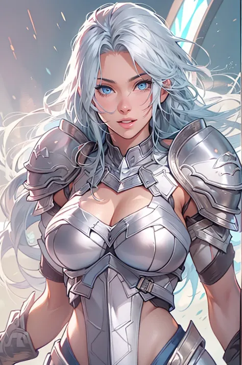 perfect face, female, 24 years old , realistic, medium hair, sky blue eyes, silver hair, big breasts, thicc body, transparent stockings, white armor, big claymore, muscular female, happy face