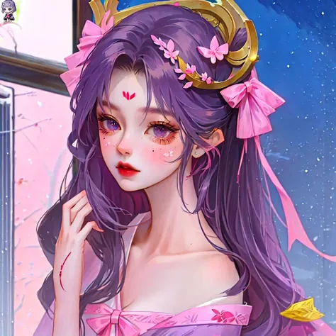 A girl with purple short hair and a pink ribbon,  goblin horn, snowy night view,Purple kimono style A-line dress