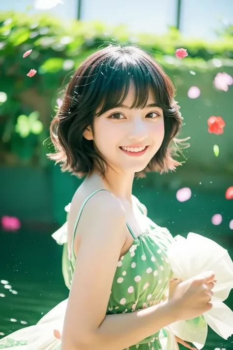 Beautiful and delicate portrait of playful cute girl with short boyish hair, Black hair, Emerald Green Sea, Mischievous smile, Dancing petals, (of the highest quality, masutepiece, Ultra-realistic) And petals floating in the background