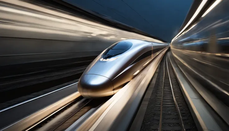 a dynamic shot of a high-speed train zooming past, with a sleek and modern design that represents the future of transportation. The shot should showcase the speed and power of the train