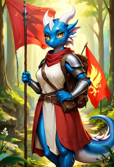 (best quality,highres,masterpiece:1.2),ultra-detailed,18-year-old female kobold with well-defined blue scales, wearing a medieval warrior armor, beautifully detailed yellow eyes, she is looking straight ahead, her face is pretty and has many details, It ha...