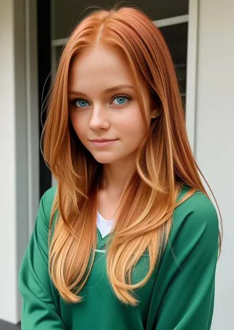 A photo of a beautiful girl with (long / short) (redhead / blonde / brunette /) hair and (green / brown / blue) eyes. She is wearing a (casual / formal / sporty) outfit and has a (happy / sad / serioupression on her face