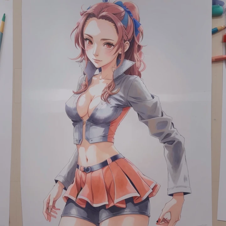 Dibujo de una mujer con falda corta y top con falda roja, Anime style character,  Fanart de chicas, Boceto coloreado de alta calidad, in Anime style, Un dibujo de anime, in an Anime style, Anime style, Dibujo a todo color, Anime style drawing, female Perso...