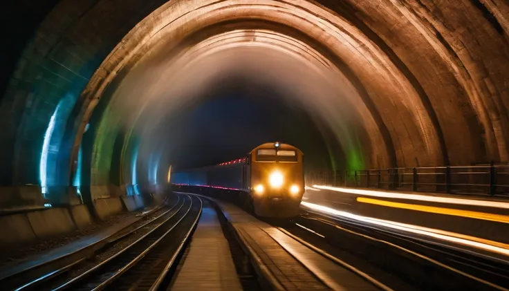 a mesmerizing shot of the train rushing through the tunnel, with vibrant streaks of light creating a dynamic and energetic atmosphere.