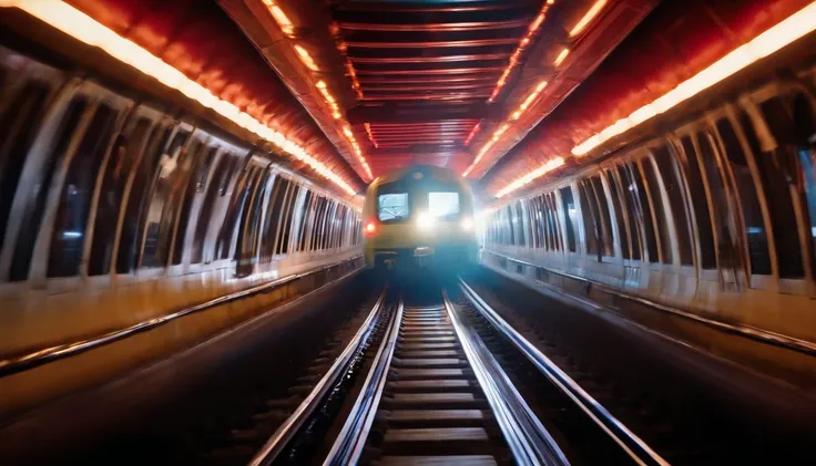 a mesmerizing shot of the train rushing through the tunnel, with vibrant streaks of light creating a dynamic and energetic atmosphere.