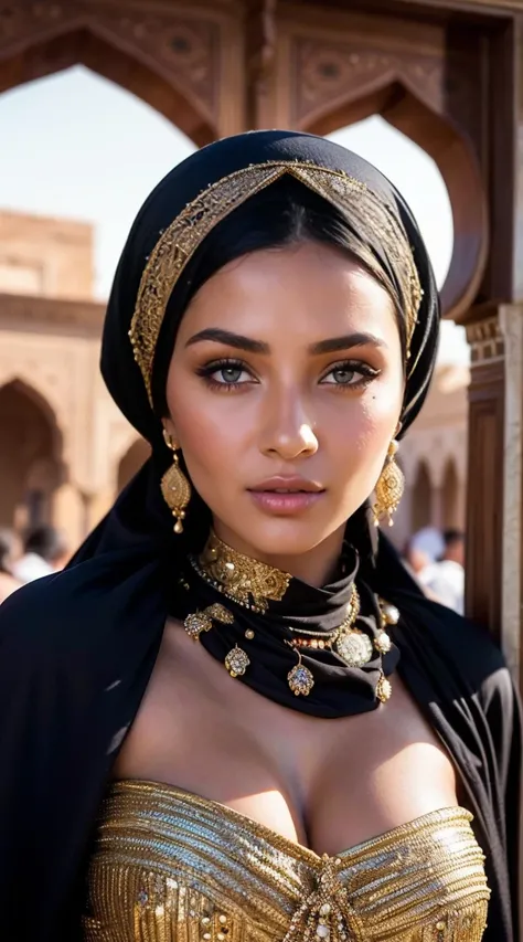 Moroccan Instagram girl, Brunnete, (Traditional respectful covered dress), (very loose head scarf showing curly hair), (Morrocan souk environment), masterpiece, best quality, highly detailed, (Beautiful and detailed eyes beautiful and detailed face), (Best...