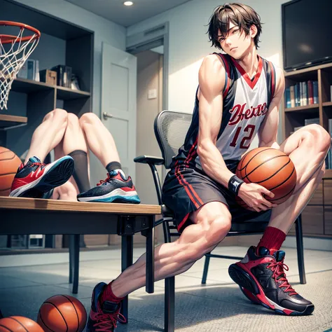 libido boy，sit on chair，basketball shoes