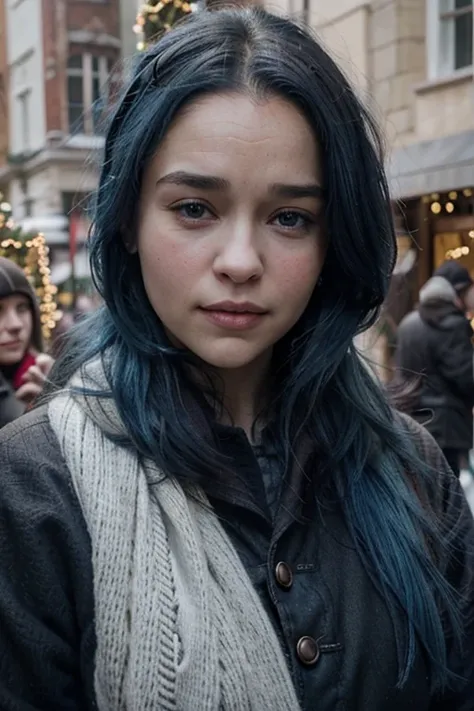 Please make an image of a 21 years old woman standing in front of christmas decoration with blue hair and make her face look like emilia clarke