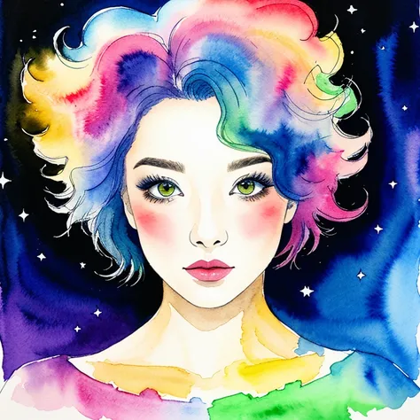 radiance, soft contours, detailed background, bright colors,
Alien girl, watercolor, kyoani style, blue skin, curly rainbow hair, orange eyes, cosmos, galaxy, milky way, gradient, half body portrait, pastel colors, ink, watercolor background