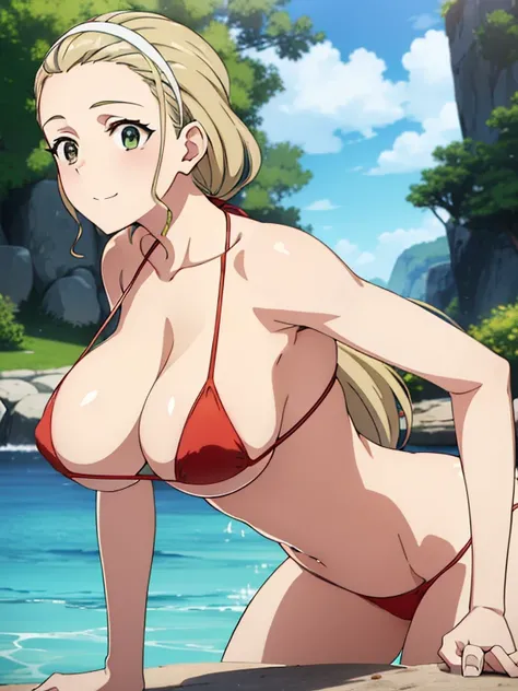 (masterpiece, top-quality, detaile, hight resolution, extremely delicate and beautiful, anime screen cap, anime colours, 8k, photorealistic), (red&white Micro Bikini:1.5), (huge drooping breasts:1.5, cleavage:1.5), akebi sasaki, hairband, 1girl, (15years o...