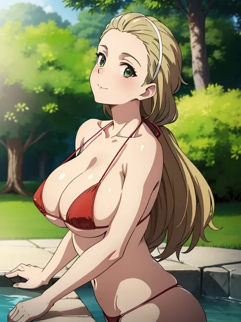 (masterpiece, top-quality, detaile, hight resolution, extremely delicate and beautiful, anime screen cap, anime colours, 8k, photorealistic), (red&white Micro Bikini:1.5), (huge drooping breasts:1.5, cleavage:1.5), akebi sasaki, hairband, 1girl, (15years o...