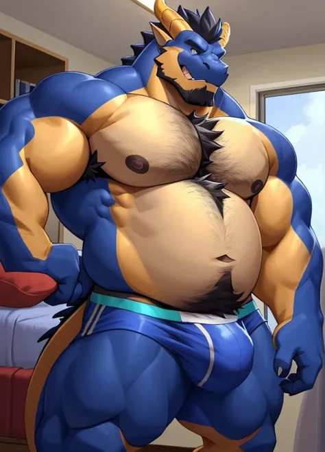 anthro, male, 1boy, dragon, college dorm, night, dim, detailed eyes, detailed speedo, detailed clothing, bare chest, big pecs, huge belly, big underwear bulge, hairy, hairy body, hairy chest, hairy belly, hairy arms, hairy legs