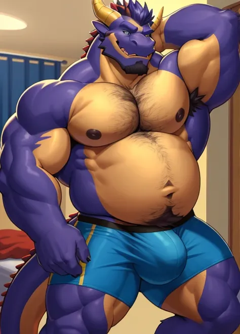 anthro, male, 1boy, dragon, college dorm, night, dim, detailed eyes, detailed speedo, detailed clothing, bare chest, big pecs, huge belly, big underwear bulge, hairy, hairy body, hairy chest, hairy belly, hairy arms, hairy legs