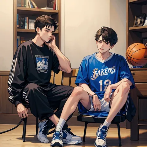 Young men，19years old，sit on chair，Basketball shoes