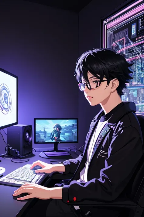 masterpiece), (best illustration),(with human),(boy),(black hair),(glasses), anime background, gaming bedroom, television with large computer, ring lighting , rim lighting,(extremely detailed CG unity 8k wallpaper),(masterpiece), (best quality), (vaporwave...