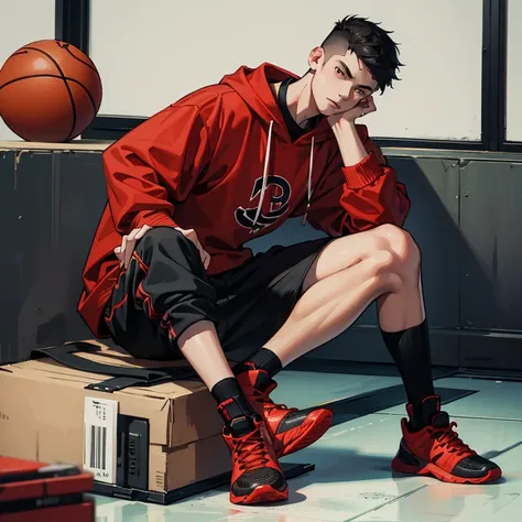 Young men，20yr old，Red sweatshirt，Black  shorts，High-top basketball shoes，sitted，defiance