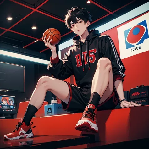 Korean young men，20yr old，Hair is medium length，Red sweatshirt，Black  shorts，High-top basketball shoes，sitted，hand pointing to shoes