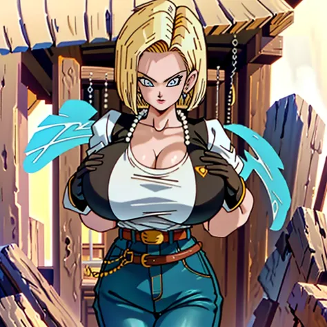 (masterpiece, Best Quality, High resolution, 32K), (((1womanl, Solo))), (ANDROID18_DBZ, JEWELRY, NECKLACE, PEARL NECKLACE, EARRINGS, GLOVES, BELT, PANTS, DENIM, JEANS, PERFECT EYES, BLUE EYES), (ultra huge breasts:1.2, ultra huge tits:1.2, ultra huge boobs...