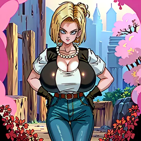 (masterpiece, best quality, high resolution, 32k), (((1womanl, solo))), (android18_dbz, jewelry, necklace, pearl necklace, earri...