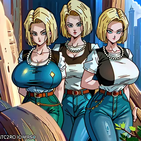 (masterpiece, Best Quality, High resolution, 32K), (((1womanl, Solo))), (ANDROID18_DBZ, JEWELRY, NECKLACE, PEARL NECKLACE, EARRINGS, GLOVES, BELT, PANTS, DENIM, JEANS, PERFECT EYES, BLUE EYES), (ultra huge breasts:1.2, ultra huge tits:1.2, ultra huge boobs...