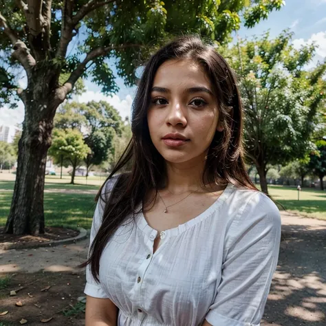 1 light-skinned 23-year-old woman, taking a selfie in the park under a tree wearing blouse , con el cielo nublado