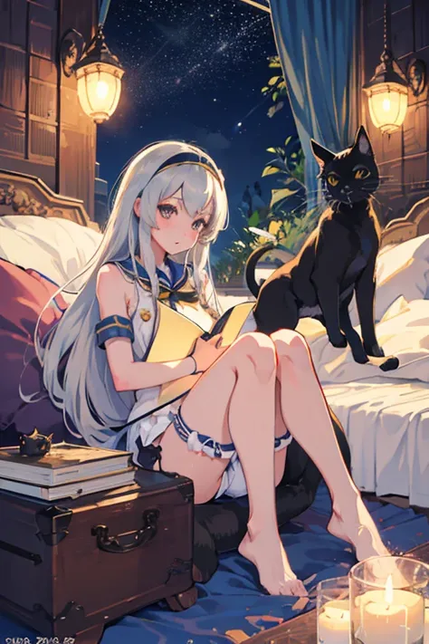 hyper detailed, perfect anatomy, extremely detailed and delicate, 1 girl, shimakaze(kancolle), 1 black cat, night sky, stars, milkyway, hugging a black cat,