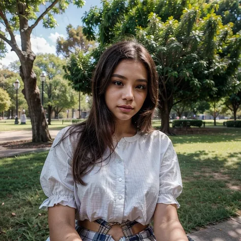 1 light-skinned 23-year-old woman, taking a selfie in the park under a tree wearing blouse , con el cielo nublado