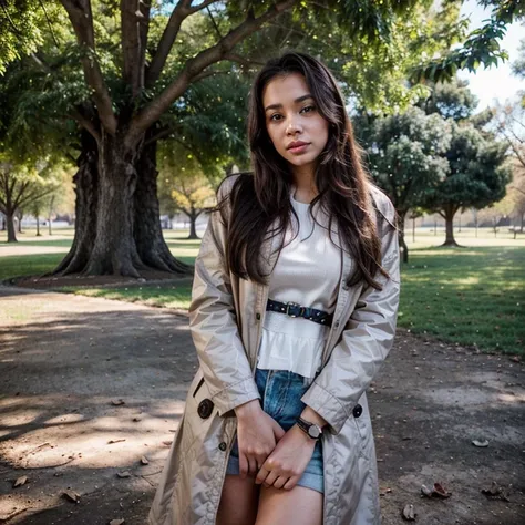 1 light-skinned 23-year-old woman, taking a selfie in the park under a tree wearing coat, con el cielo nublado