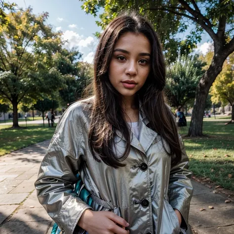 1 light-skinned 23-year-old woman, taking a selfie in the park under a tree wearing coat, con el cielo nublado