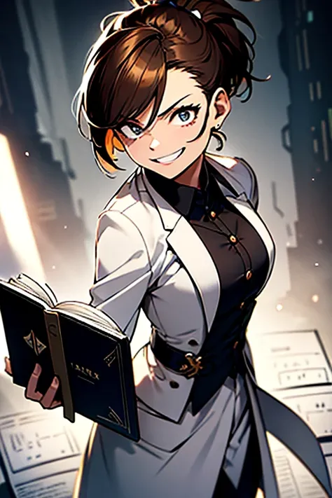 Masterpiece, 1boy, brown hair, black and white suit, full body, sword, magic book on hand, best quality, high res, laughing, ponytail, short hair, cute face, cute hair, professional, epic, black electricity, perfect anatomy, scars,