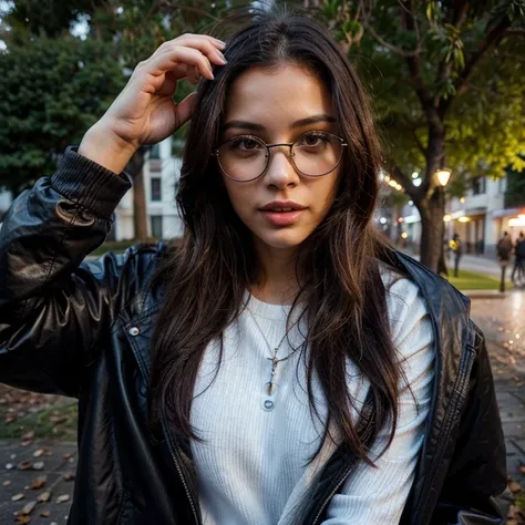 1 light-skinned 23-year-old woman, taking a selfie, under a tree wearing a coat, de noche lluviosa, con lentes oscuros